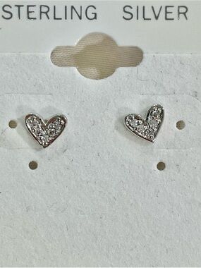 Sterling Silver Minimalist Heart Pave Crystal Stud Earrings - Silver